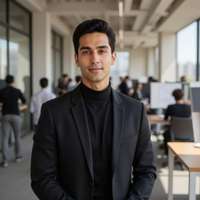 Professional LinkedIn portrait, facing camera directly, dark blazer over black turtleneck or crew ne