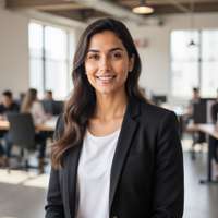 Professional LinkedIn headshot, direct camera gaze, casual blazer over fitted crew neck shirt, brigh