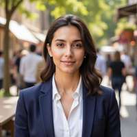 Professional LinkedIn headshot photograph, direct eye contact with camera, navy blazer with open col